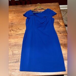 Tahari Dress Women's 14 Portrait Collar Royal Blue Ruched Sheath Fully Lined